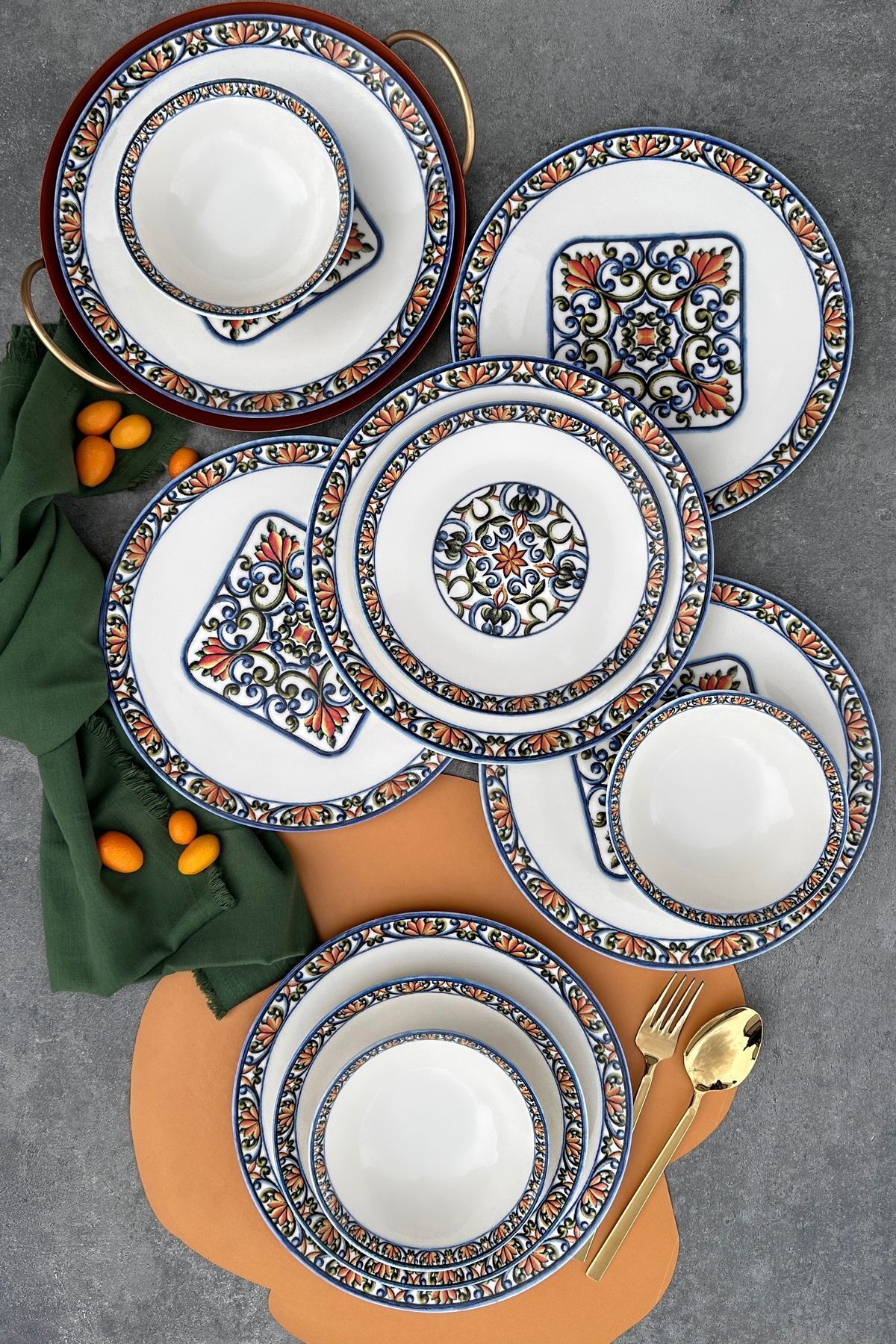 Verde 24 Parça 6 Kişilik Özel Tasarım Dokulu Mavi Desenli Premium Porselen Yemek Takımı Mavi