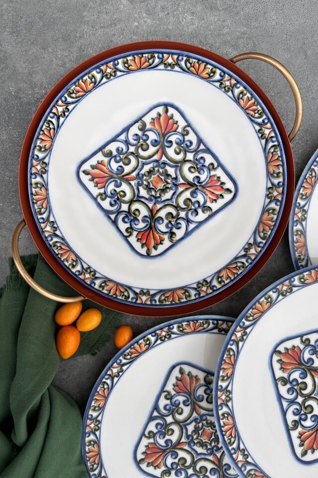 Verde 6 kişilik 25 cm Özel Tasarım Porselen Servis Sunum Tabağı Takımı MAVİ