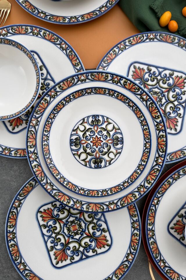Verde 6 kişilik 25 cm Özel Tasarım Porselen Servis Sunum Tabağı Takımı MAVİ