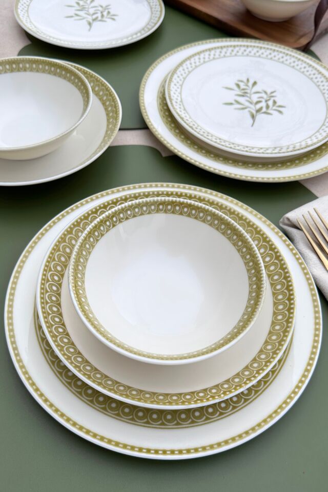 Oliver Premium Porselen 24 Parça 6 kişilik Günlük Yeşil Zeytindalı Desenli Yemek Takımı Yeşil