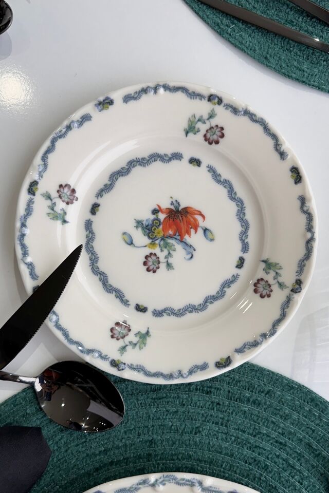 Old Town Premium Porselen 24 Parça 6 kişilik Günlük Vintage Çiçek Desenli Yemek Takımı Mavi