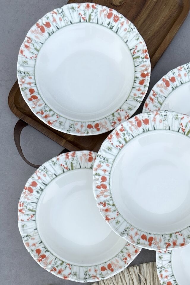 Floransa 6 kişilik 21 cm günlük kırmızı çiçek desenli porselen çukur yemek tabak takımı KREM