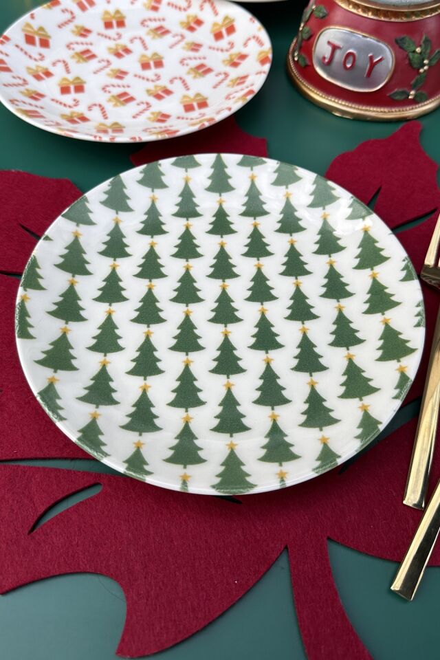 yeni yıl 6 kişilik 19 cm porselen pasta sunum tabağı takımı yılbaşı mix günlük KIRMIZI