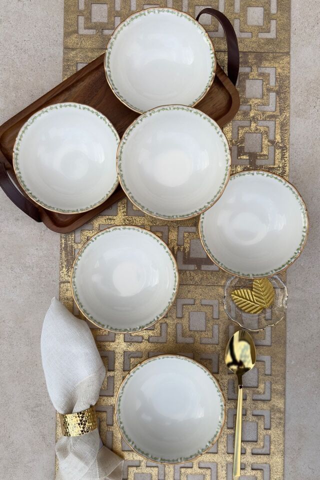Green Garden Mat Altın Yaldızlı 6 Kişilik Porselen Çiçek Desenli Çorba Kasesi Gold Sunum Tabağı KREM