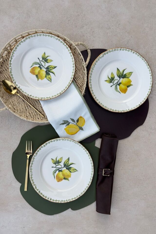 Green Garden Mat Altın Yaldızlı 25 Cm 6 Kişilik Gold Limon Desenli Porselen Servis Tabağı Takımı YEŞİL