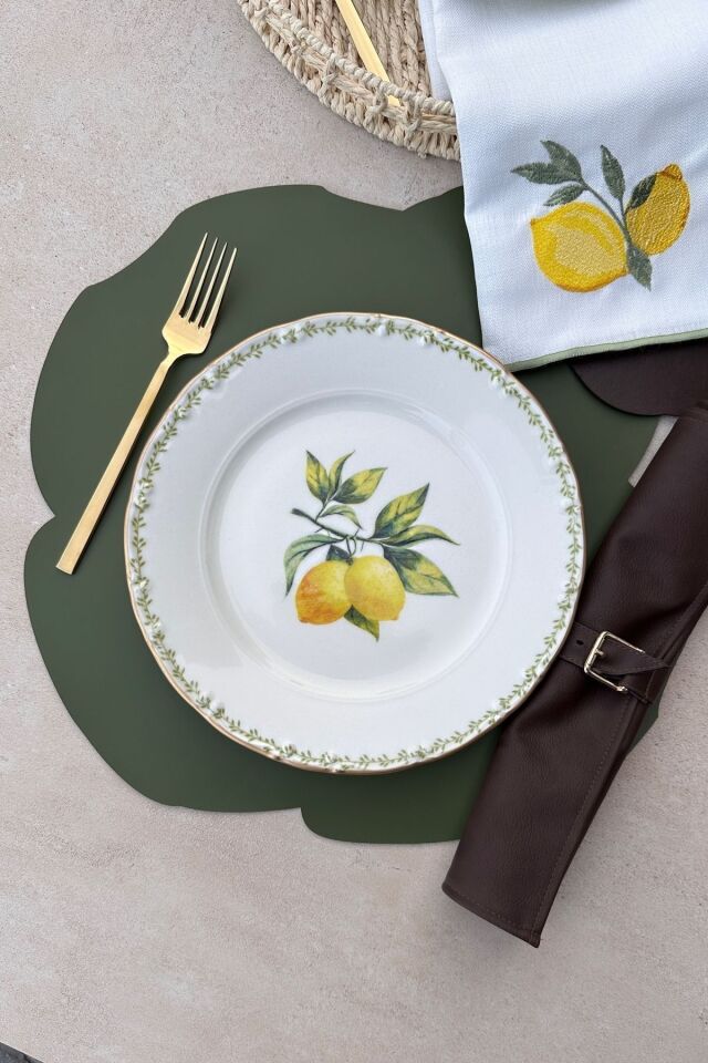 Green Garden Mat Altın Yaldızlı 25 Cm 6 Kişilik Gold Limon Desenli Porselen Servis Tabağı Takımı YEŞİL