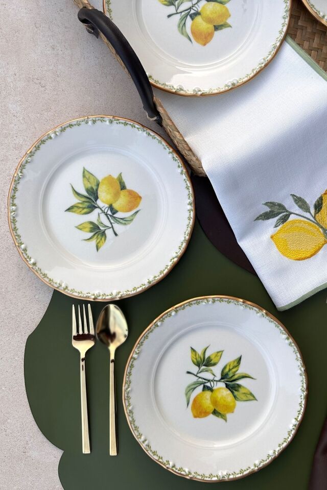 Green Garden Mat Altın Yaldızlı 6 Kişilik Gold Limon Desenli 19 Cm Porselen Pasta Tabağı Takımı YEŞİL