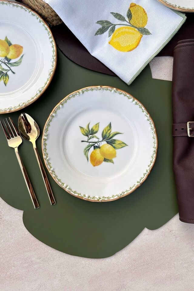 Green Garden Mat Altın Yaldızlı 6 Kişilik Gold Limon Desenli 19 Cm Porselen Pasta Tabağı Takımı YEŞİL
