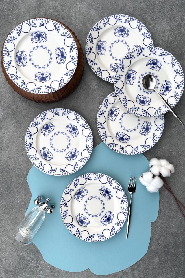 ikat mavi 6 kişilik 19 cm porselen pasta sunum tabağı takımı günlük MAVİ
