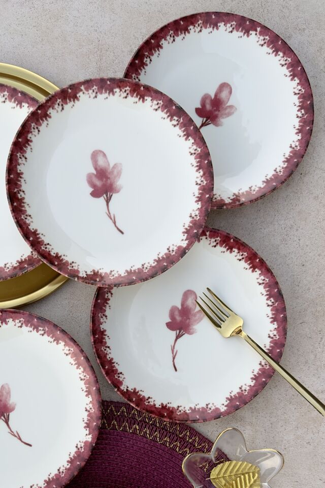 Cherry Blossom 6 kişilik 19 cm günlük pembe çiçekli porselen pasta sunum tabak takımı Krem