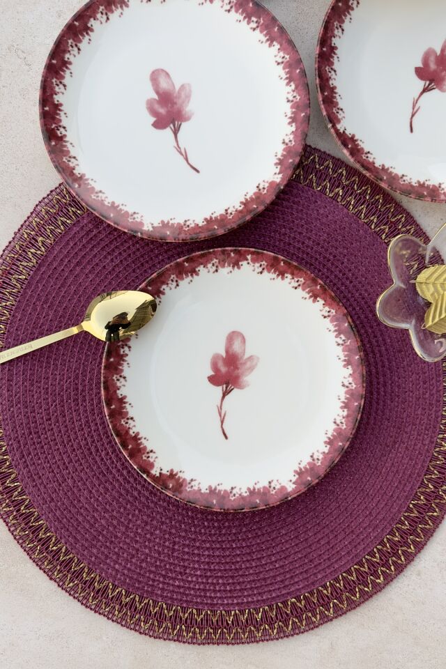 Cherry Blossom 6 kişilik 19 cm günlük pembe çiçekli porselen pasta sunum tabak takımı Krem