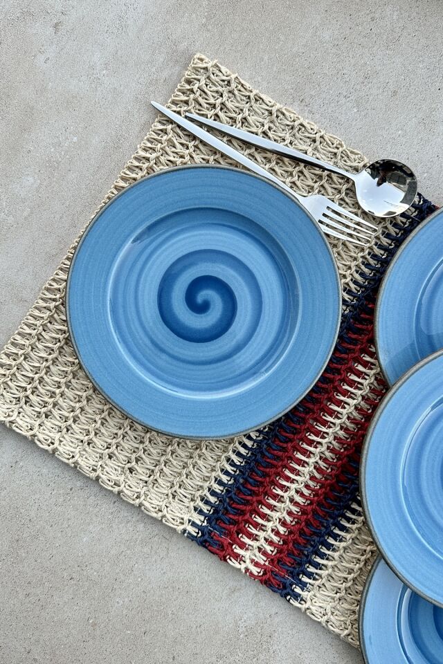 Trend mavi özel tasarım el boyaması 6 kişilik porselen pasta sunum tabak takımı 19 cm Mavi