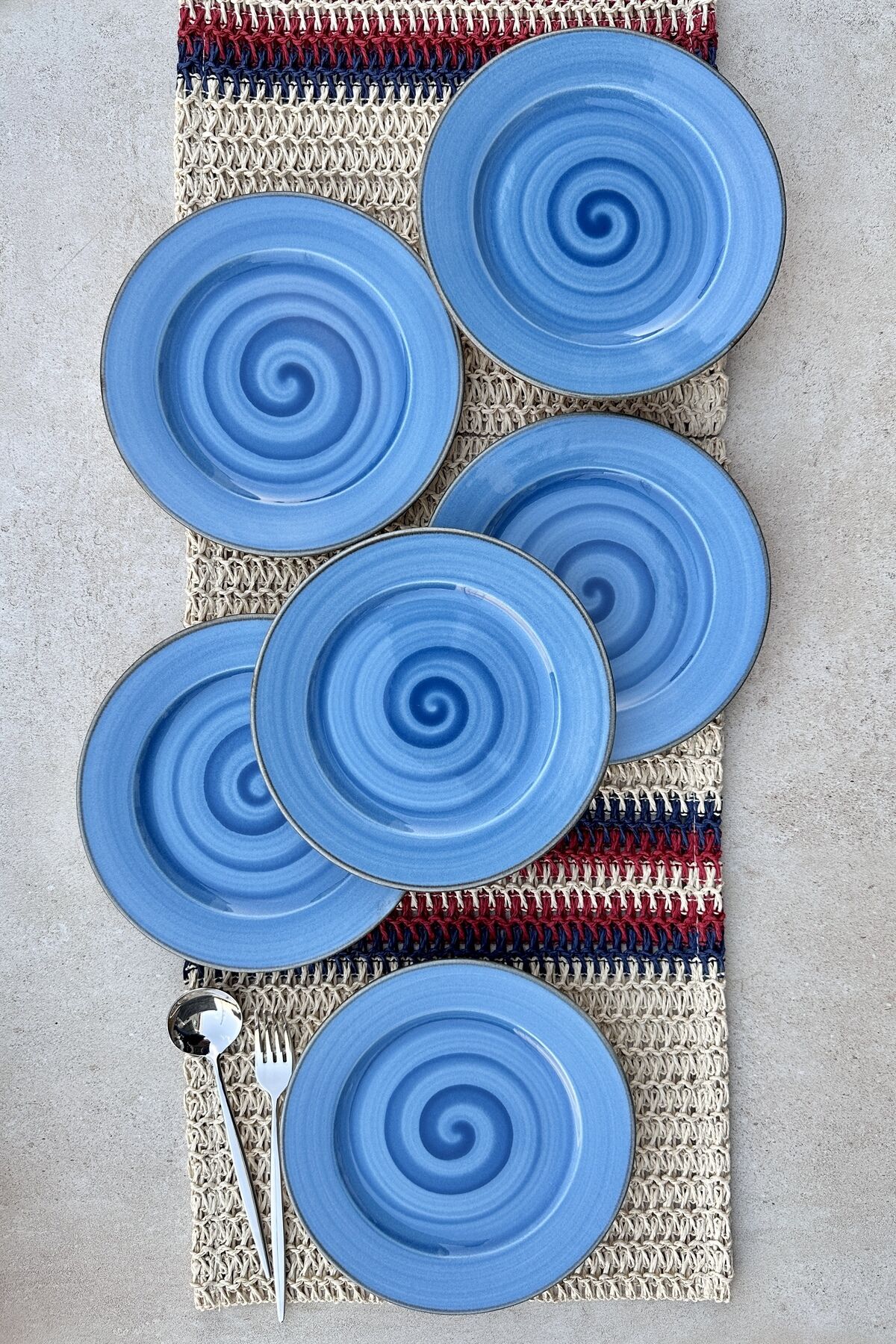 Trend mavi özel tasarım el boyaması 6 kişilik porselen pasta sunum tabak takımı 19 cm Mavi