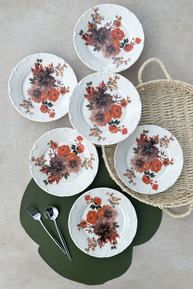 kırmızı karanfil 6 kişilik 6'lı porselen günlük renkli pasta tabak takımı 19 cm KREM