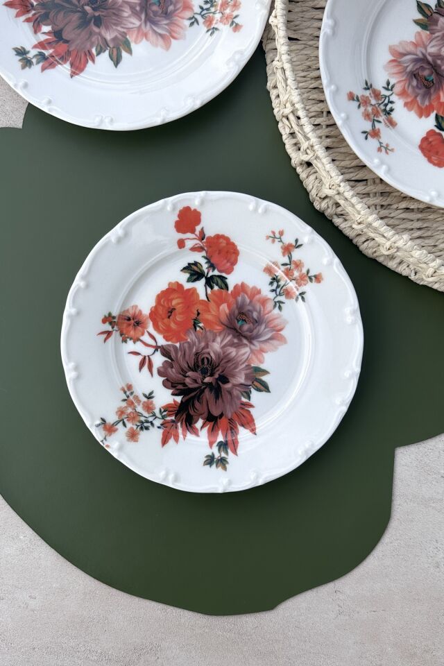 kırmızı karanfil 6 kişilik 6'lı porselen günlük renkli pasta tabak takımı 19 cm KREM