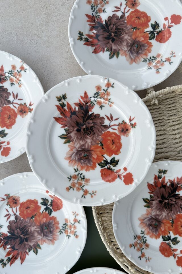 kırmızı karanfil 6 kişilik 6'lı porselen günlük renkli pasta tabak takımı 19 cm KREM