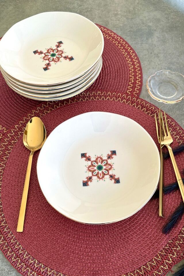 gold arabesque amorf kesim 6 kişilik Altın Yaldızlı Porselen Çukur Yemek Tabağı Takımı Krem