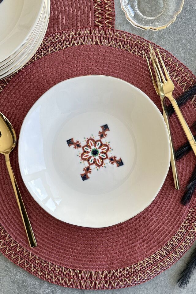 gold arabesque amorf kesim 6 kişilik Altın Yaldızlı Porselen Çukur Yemek Tabağı Takımı Krem