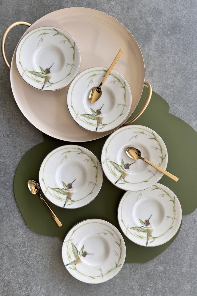 Birdy 6 Kişilik 6 Parça Gerçek Altın Yaldızlı Çay Tabağı Takımı Krem