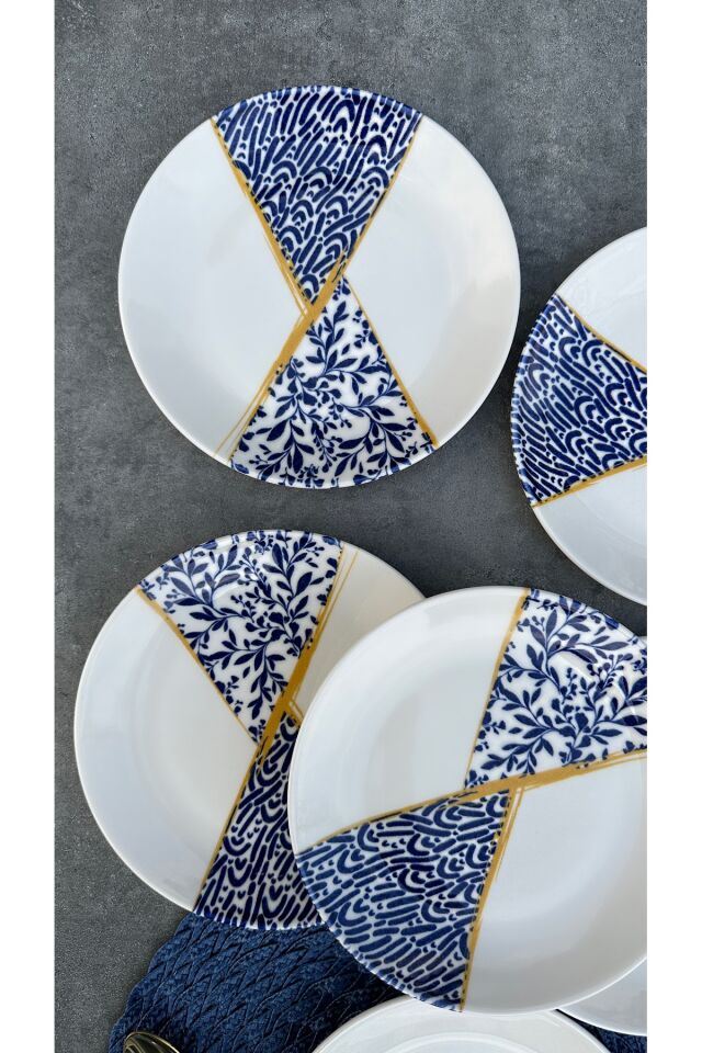 Kintsugi 6 Kişilik 19 Cm Porselen Çiçekli Krem Pasta Tabağı Servis Seti KREM
