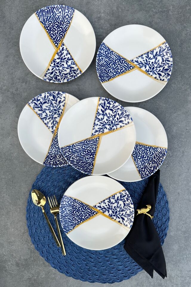 Kintsugi 6 Kişilik 19 Cm Porselen Çiçekli Krem Pasta Tabağı Servis Seti KREM