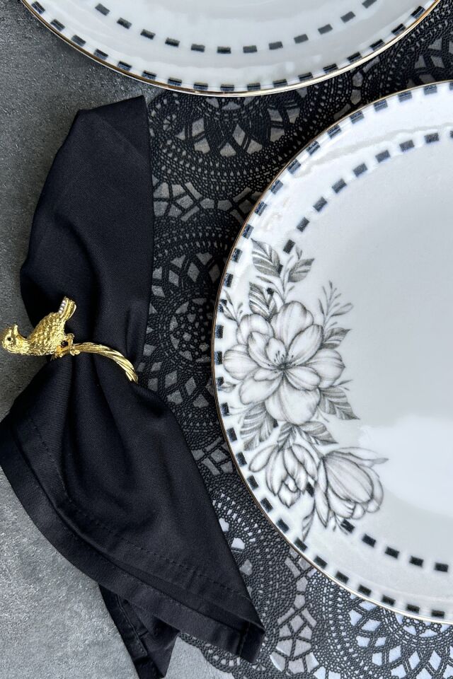 Noir Gold 6 Kişilik 25 Cm Porselen Siyah Çiçekli Krem Servis Tabak Takımı KREM