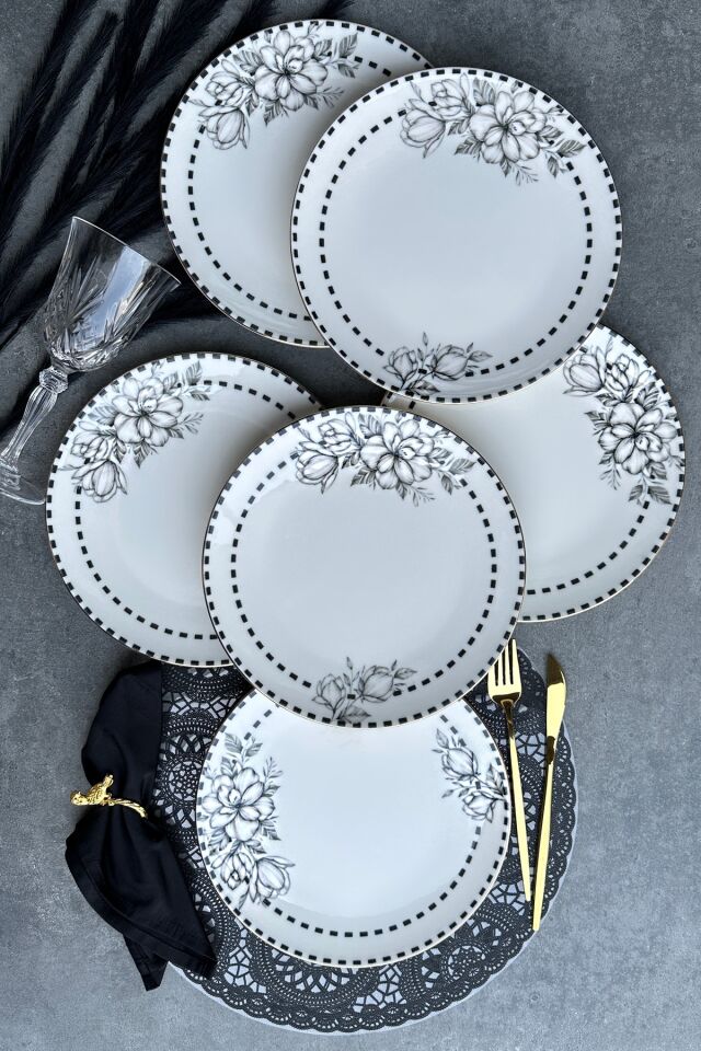 Noir Gold 6 Kişilik 25 Cm Porselen Siyah Çiçekli Krem Servis Tabak Takımı KREM