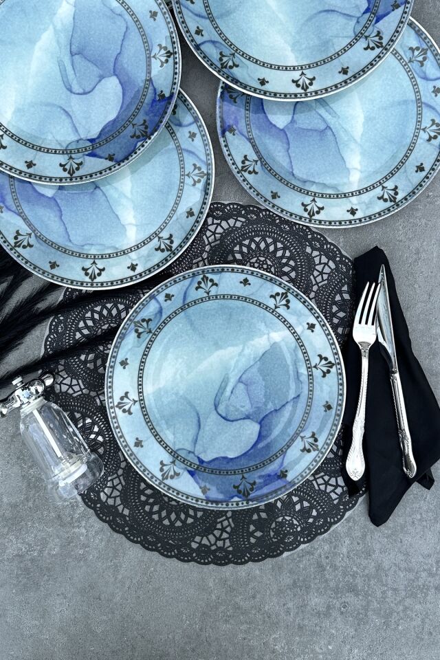Deeper 6 Kişilik 25 Cm Porselen Günlük Mavi Modern Servis Tabak Takımı KREM