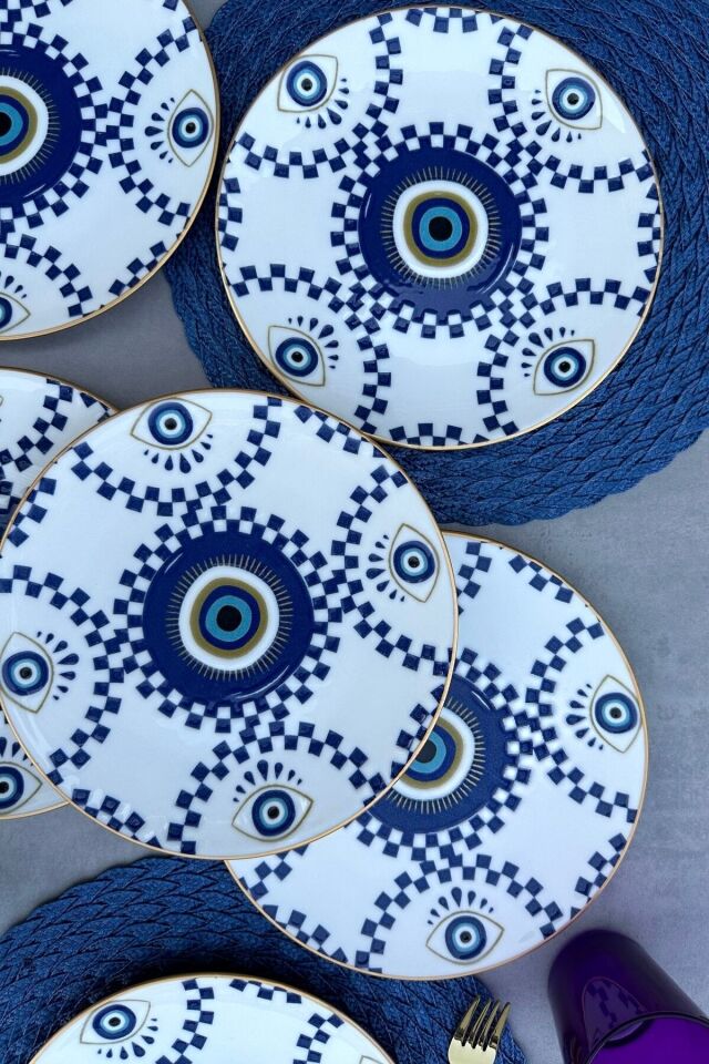 Nazar Boncuklu Altın Yaldızlı 6 Kişilik 25 Cm Porselen Modern Mavi Servis Tabak Takımı KREM