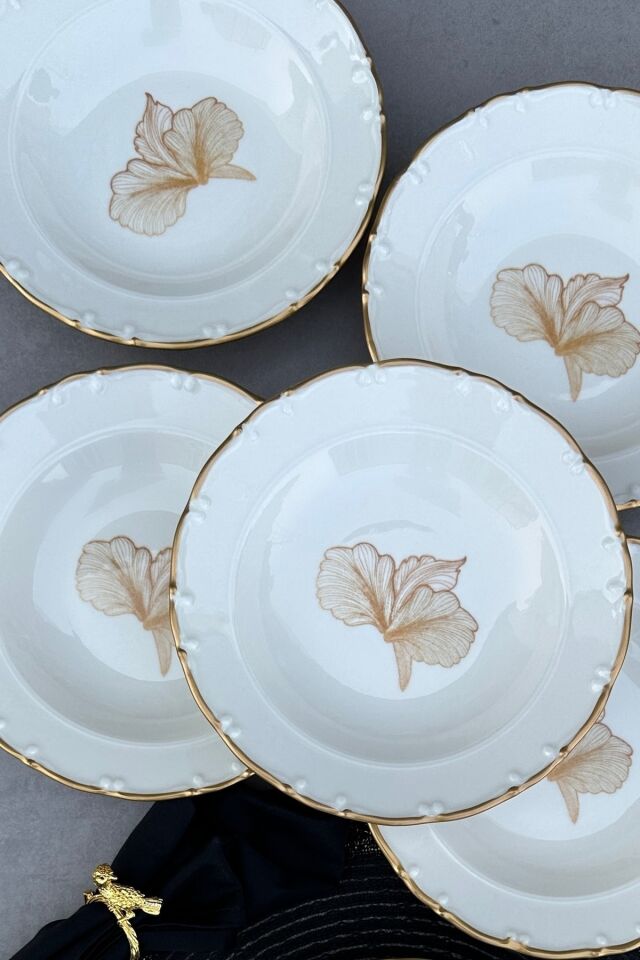 Inci Altın Yaldızlı Klasik Krem 21 Cm Porselen 6' Lı Çukur Yemek Tabağı Takımı KREM