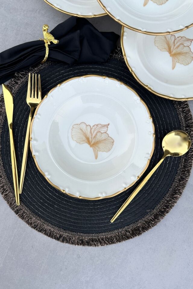 Inci Altın Yaldızlı Klasik Krem 21 Cm Porselen 6' Lı Çukur Yemek Tabağı Takımı KREM