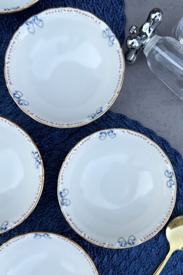 Elizabeth Mat Altın Yaldızlı 6 Kişilik 6 Parça 14 Cm Porselen Çorba Kasesi Sunum Servis Takımı Seti KREM