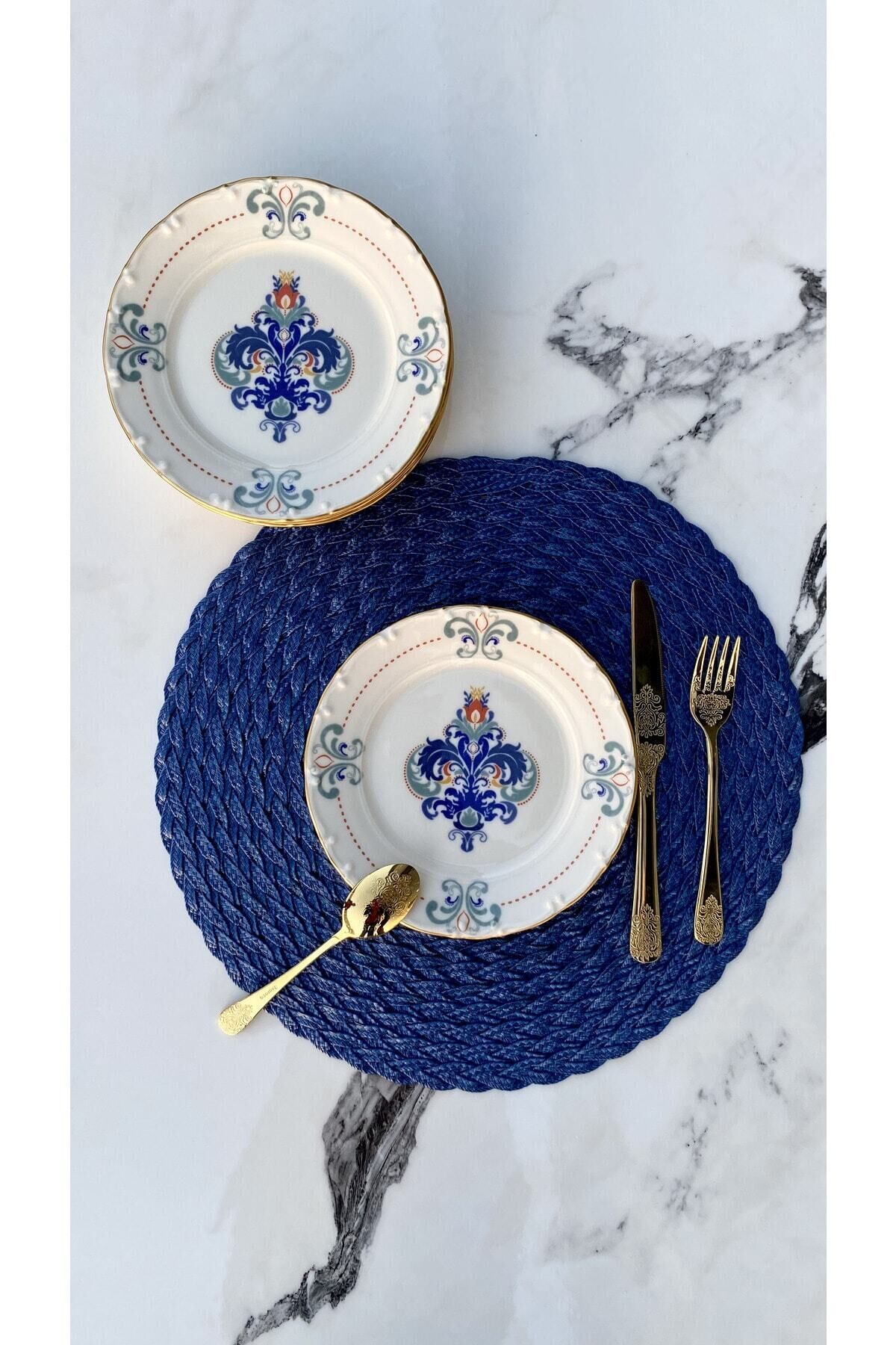 Elizabeth Altın Yaldızlı 19 Cm 6 Kişilik Porselen Krem Retro 6'lı Pasta Tabağı Sunum Servis Seti KREM