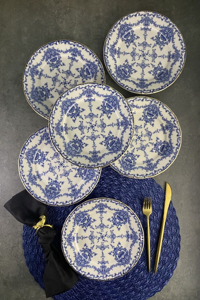 Royal Queen Mat Altın Yaldızlı 6 Kişilik 19 Cm Porselen Retro Pasta Tabağı Servis Seti Krem
