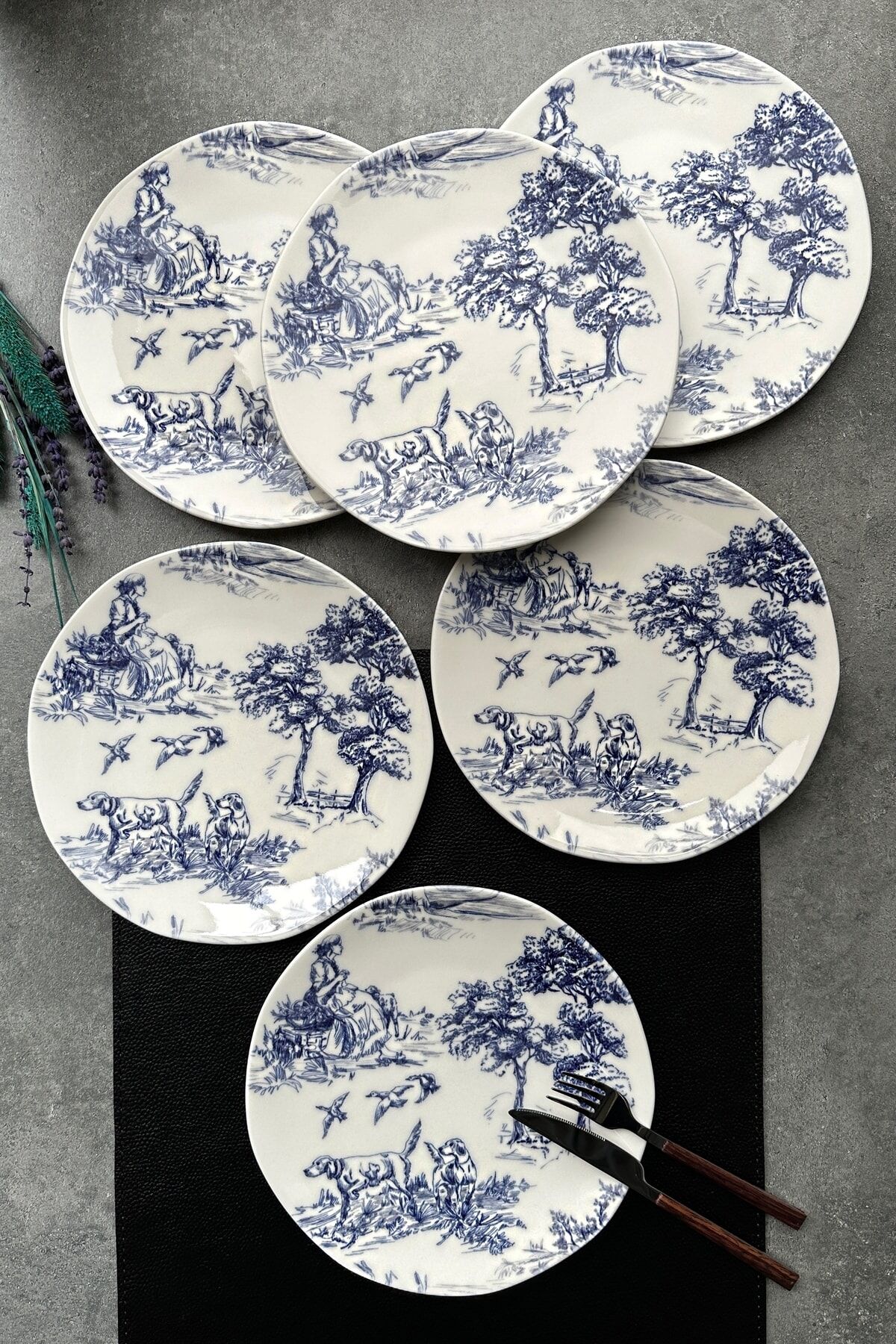 Blue Hunter 6 Kişilik 21 Cm Porselen Mavi Hayvan Desenli Pasta Tabağı Servis Seti MAVİ