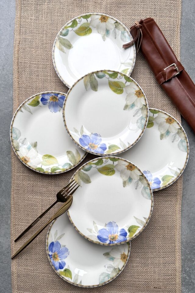 Spring 6 Kişilik 20 Cm Krem Çiçekli Porselen Pasta Tabağı Servis Seti KREM