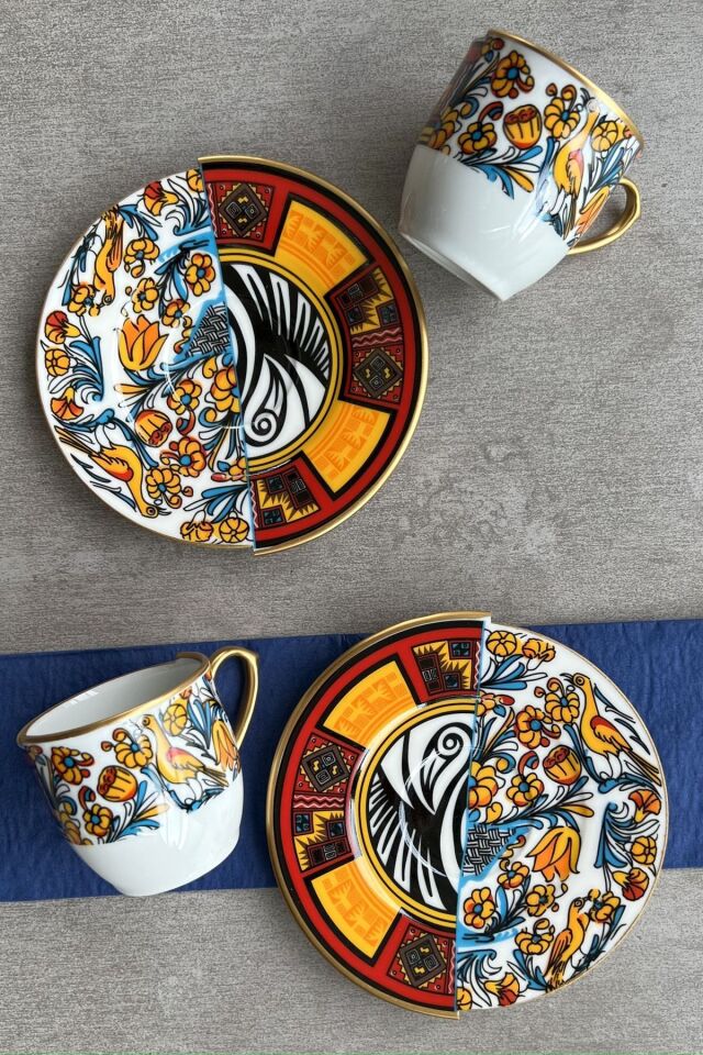 Iki Desenli, Çift Desen Canga Serisi 2 Kişilik Kahve Fincan Takımı Sunum Servis Seti RENKLİ