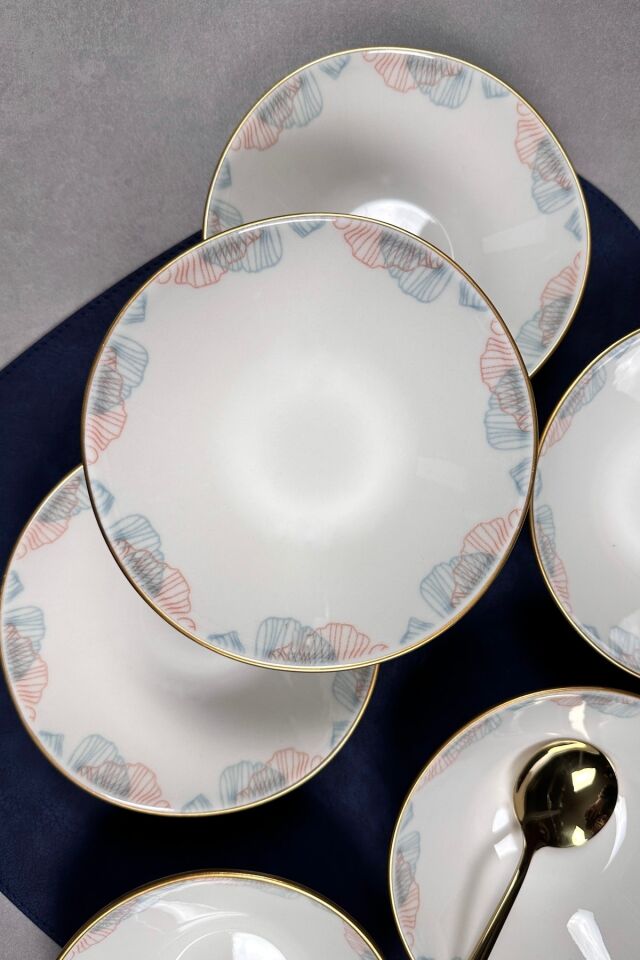Japon Yelpazesi Mat Gold Yaldızlı 16 Cm 6 Lı Porselen Çorba Kasesi KREM