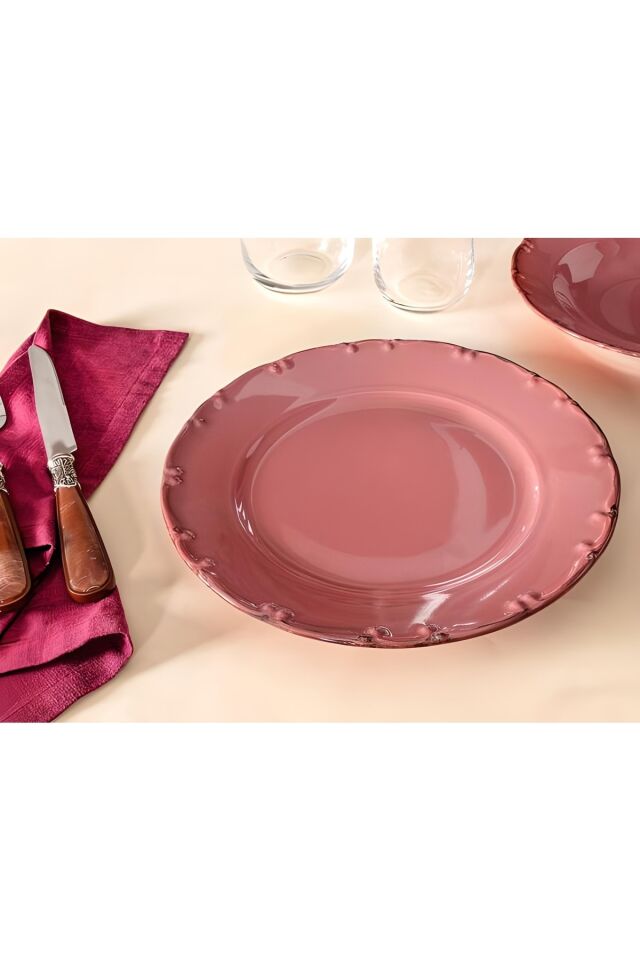 Bastien Carmen Kırmızı El Yapımı Porselen 6 Kişilik Servis Tabağı Takımı 25 Cm bordo