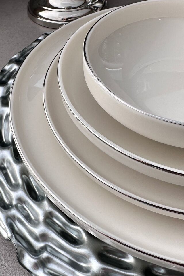 Modern Gümüş Platin Krem 24 Parça 6 Kişilik Sunum Servis Yemek Takımı Seti KREM