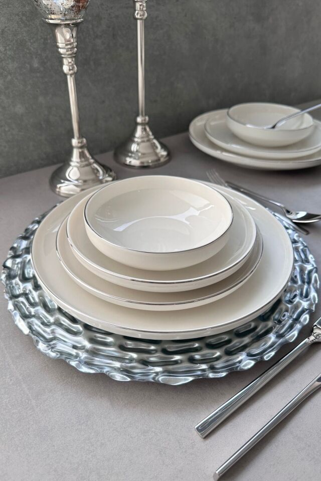 Modern Gümüş Platin Krem 24 Parça 6 Kişilik Sunum Servis Yemek Takımı Seti KREM