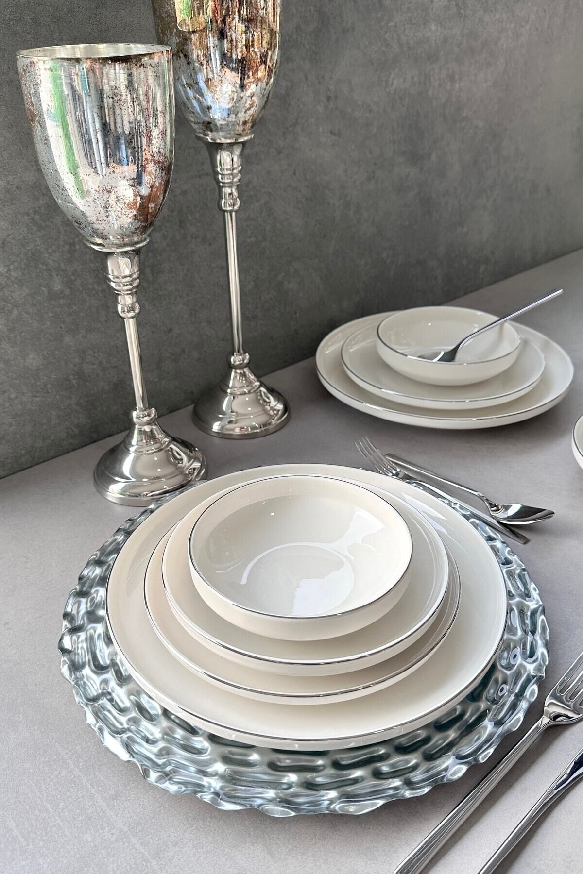 Modern Gümüş Platin Krem 24 Parça 6 Kişilik Sunum Servis Yemek Takımı Seti KREM