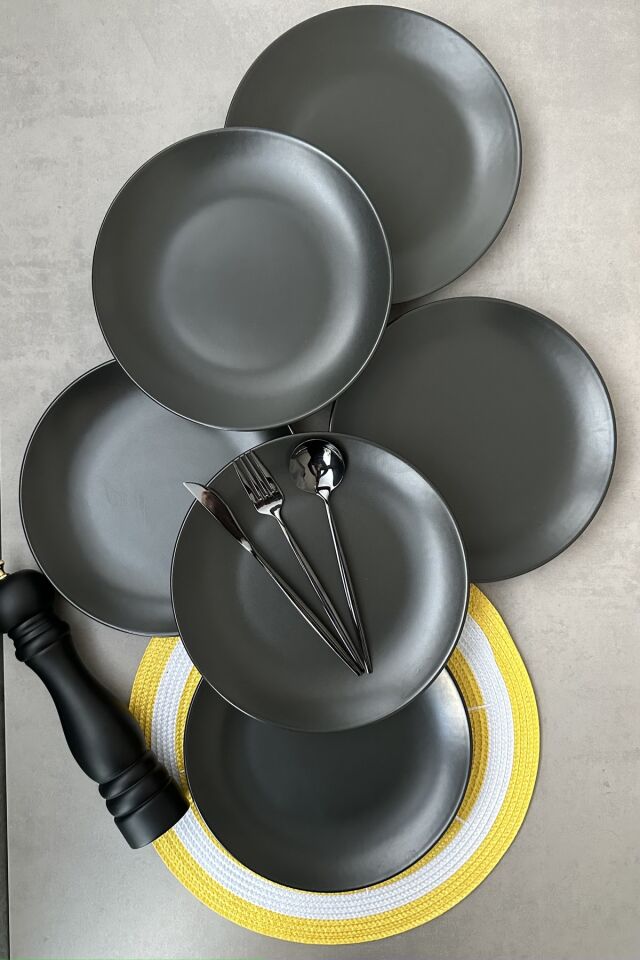 Black Matte Siyah Mat 25,5 Cm 6 Kişilik Porselen Servis Tabak Takımı SİYAH
