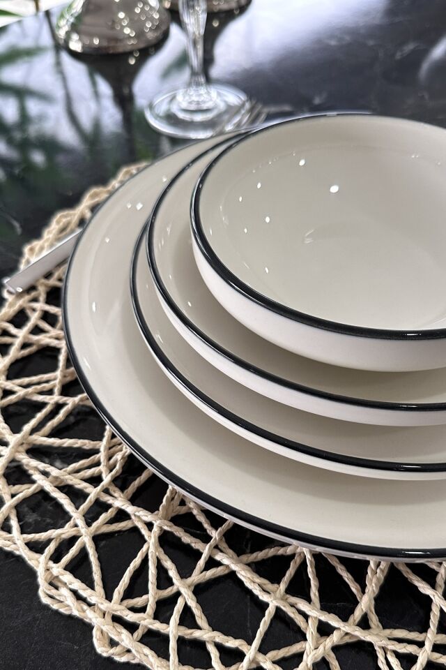 Oms Modern Black Siyah Porselen 24 Parça 6 Kişilik Günlük Sunum Servis Yemek Takımı Seti KREM