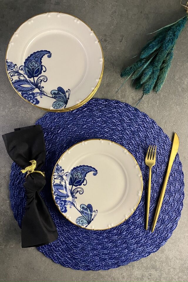 Safir Mat Altın Yaldızlı 6 Kişilik 19 Cm Pasta Tabağı Takımı KREM