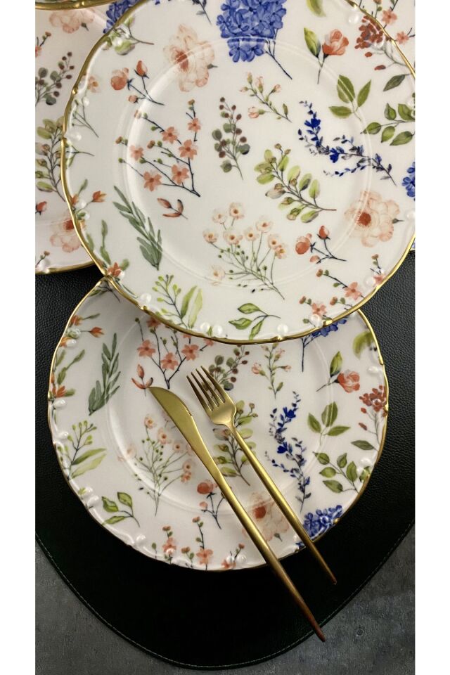 Violet Mat Altın Yaldızlı 6 Kişilik 25 Cm Gold Çiçekli 6'lı Servis Tabağı Takımı Krem