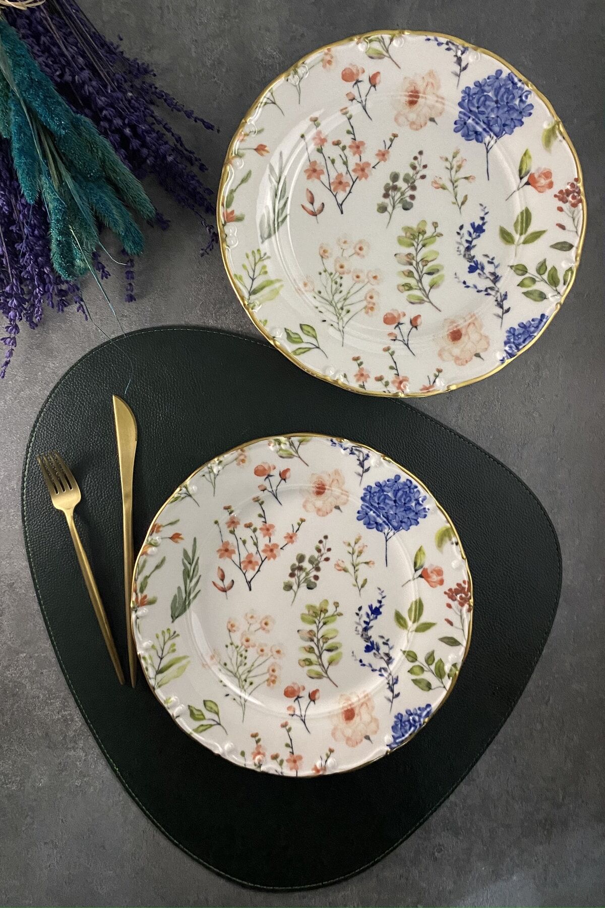 Violet Mat Altın Yaldızlı 6 Kişilik 25 Cm Gold Çiçekli 6'lı Servis Tabağı Takımı Krem