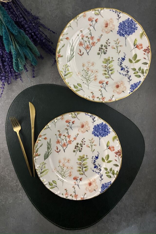 Violet Mat Altın Yaldızlı 6 Kişilik 25 Cm Gold Çiçekli 6'lı Servis Tabağı Takımı Krem